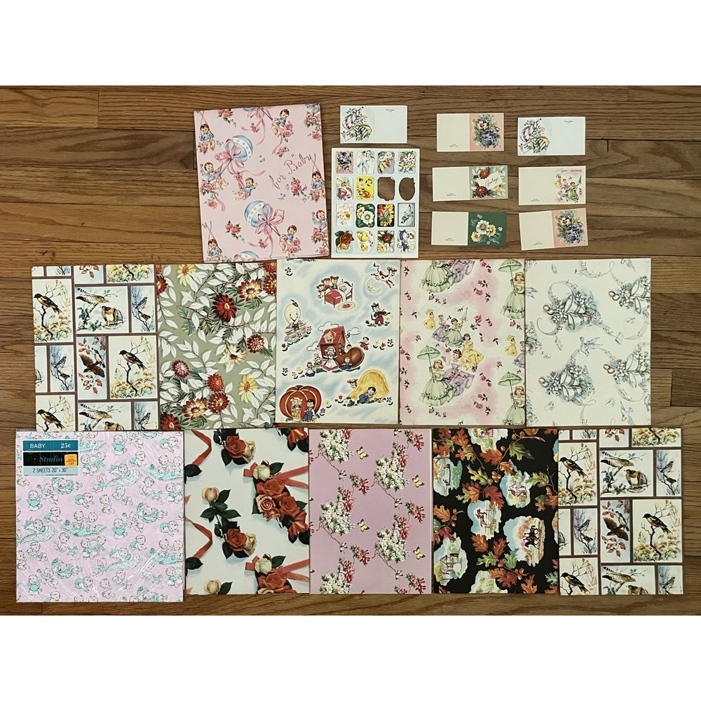 Vintage Lot Gift Wrap Paper Stickers Cards Baby Shower Birthday Floral Bird 12pc